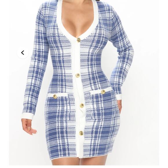 Fashion Nova Make It Work Sweater Mini Dress Blue Plaid Gold Button Trim Size L - Picture 2 of 4